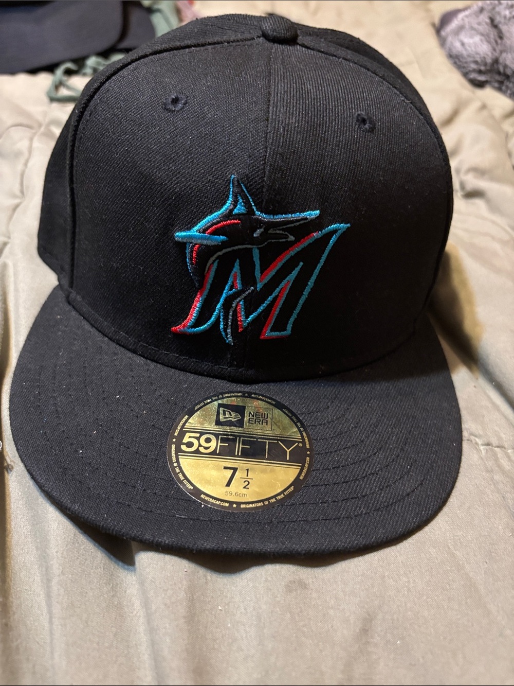 New Era Black Miami Marlins Fitted Hat with Teal & Red Logo